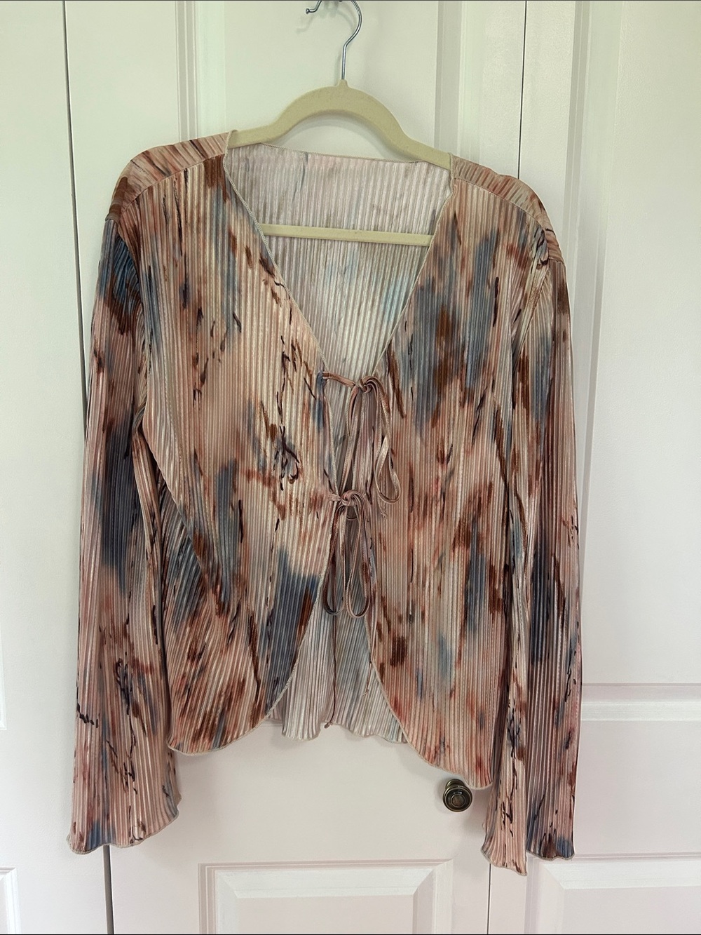 SHEIN Pleated Tie-Front Blouse in Blush and Blue
